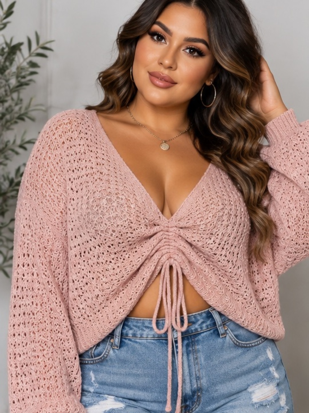 Women's Pink Crochet Drawstring V-Neck Sweater Top